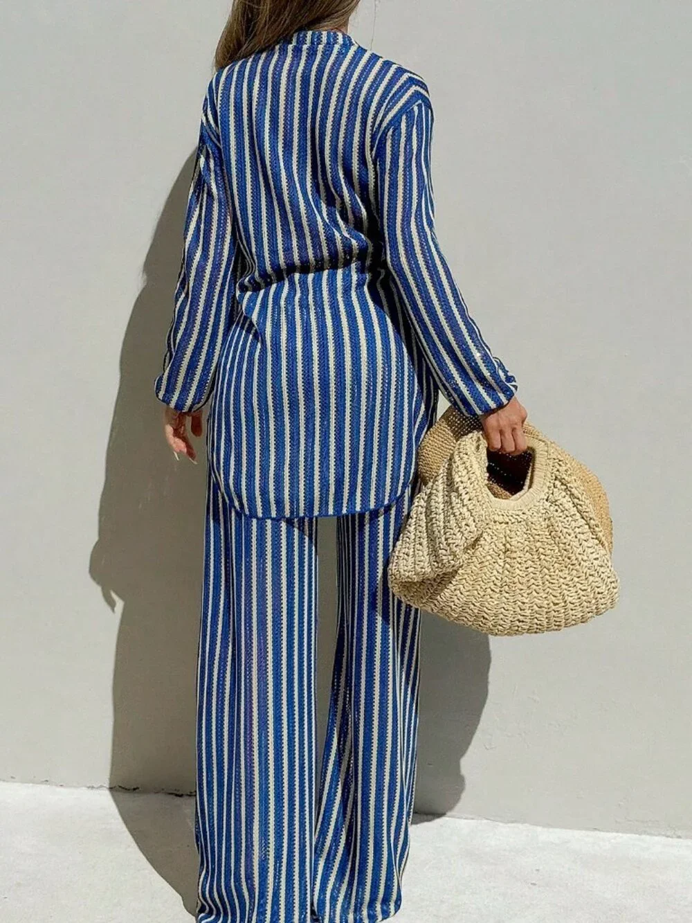Blue And White Striped Women's Jacquard Fabric Open Front Shirt Collar Cover-Up